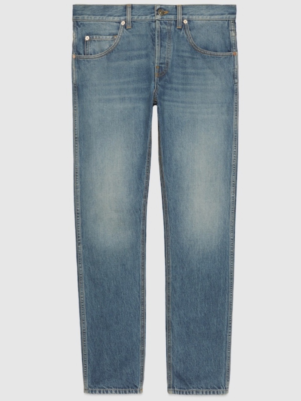 Gucci Horsebit Washed Blue Cotton Denim Leather Logo Patch Tapered Leg Jeans